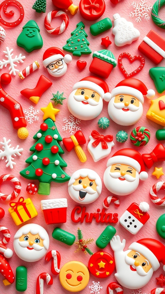Christmas Aesthetic Emojis for iOS 18 A collection of Christmas-themed emojis including a tree, snowflakes, and Santa Claus on a festive background.